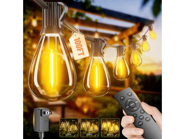100FT Outdoor String Lights with Remote & Dimmable, 35+1 Shatterproof Waterproof Bulbs, Dimmable Outside Hanging Patio Lights for Backyard, Porch,...