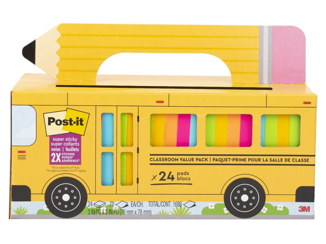 Super Sticky Notes, 3 x 3 in, Assorted Brights, 24 Pads School Supplies and Oce Supplies, 2X the Sticking Power