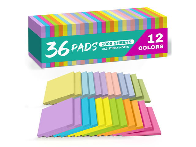 36 Pads Sticky Notes, 3x3 Inches, 12 Bright Colors, 50 Sheets/Pad Bulk Self-Stick Note Pads for Office, Study, and Daily Organization, Sticky Notes...