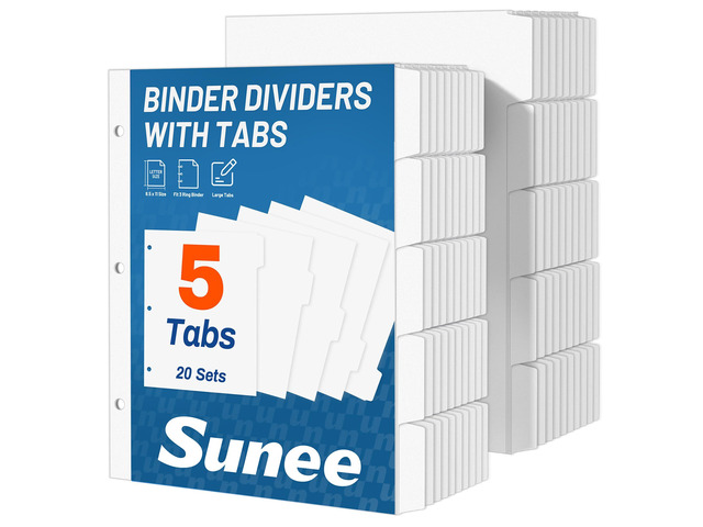 Binder Dividers with Tabs for 3 Ring Binder, 8.5 x 11 Paper White Binder Dividers Blank with 5 Tabs, 20 Sets Page Dividers for School, Office and...