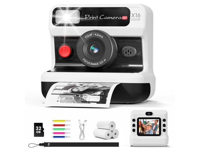 Kids Camera Instant Print, 1080P HD Instant Print Camera for Kids with 3 Rolls Paper & 32GB Card, Dual-Lens Selfie Digital Toy, Christmas Birthday...