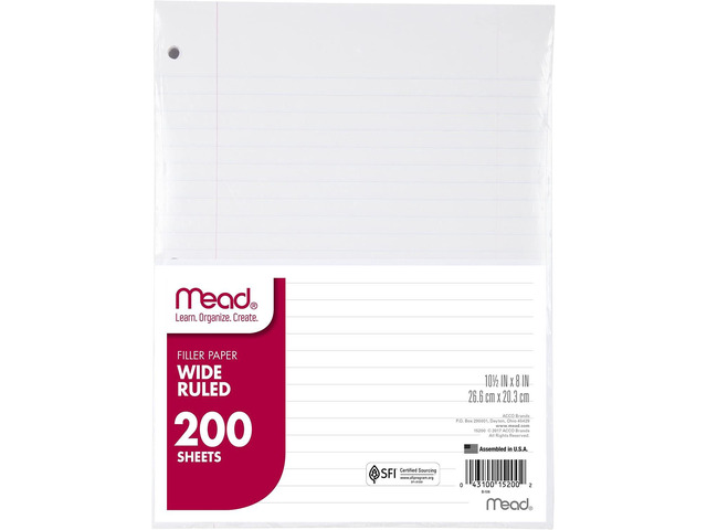 Loose Leaf Paper, Wide Ruled Filler Notebook Paper, 8' x 10-1/2', 200 Sheets, Fits 3-Ring Binder (15200)
