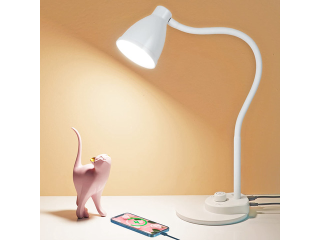 LED Desk Lamp with USB Charging Port, 3 Color Modes Dimmable, White Reading Lamp, Auto Dimming Task Lamp, Flexible Neck Table Light for Dorm...