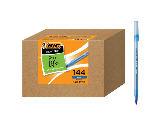 Round Stic Xtra Life Blue Ballpoint Pens, 144-Count Pack of Bulk Pens Medium Point (1.0mm) for Smooth Writing, Flexible Round Barrel for Comfort,...