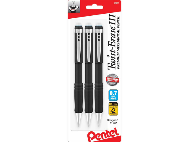 Mechanical Pencil 0.7 mm Twist Erase III, Twist Up Eraser, Pre-Loaded Super Hi-Polymer HB Lead, Black Barrel, 3-Pack (0.7)
