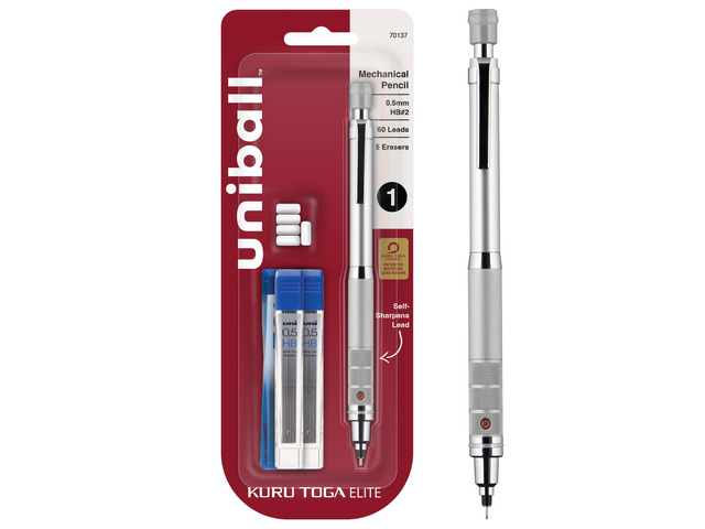 uniball Kuru Toga Elite Mechanical Pencil Kit, 0.5mm, HB, Silver, 1 Pack Rotating lead engine keeps tip sharp, diamond-infused No. 2 lead for dark...