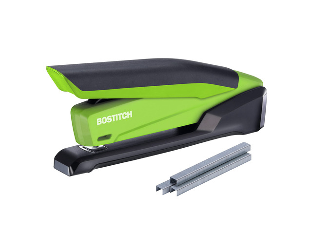 Office InPower Spring-Powered Desktop Stapler, 20 Sheet Capacity, One Finger Stapling, Includes 210 Staples, Jam Free, Opens for Tacking, Green