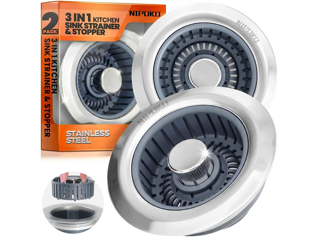 3 in 1 Kitchen Sink Drain Strainer Stopper Basket Pop Up Silver Kitchen Sink Accessories Strainer Basket 2 Pack Silver,Stainless Steel Anti-Clog...