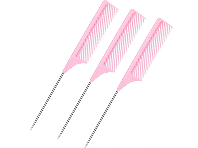 3 Pack 9 Inch Rat Tail Comb with Metal Pick, Carbon Fiber,Pink Heat Resistant Styling, Lightweight Sectioning, Fine Tooth for Precise Parting,...