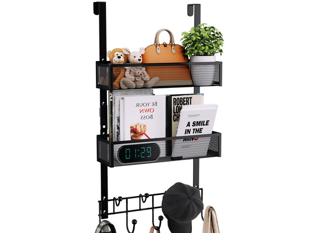 Over The Door Hooks Organizer - 3 Tier Door Hanger with 9 Coat Hooks & 2 Mesh Basket, Back Storage Organizer Hanging Towels for Bathroom, Bedroom,...