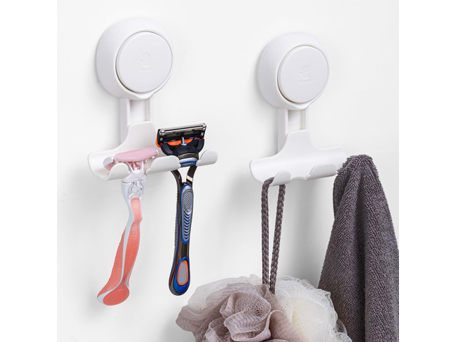 Razor Holder for Shower 2 Pack, Powerful Suction Cup Shower Hooks for Towel, Loofah, Razor, Squeegee, Damage-Free Wall Hooks, Shaver Holder for...