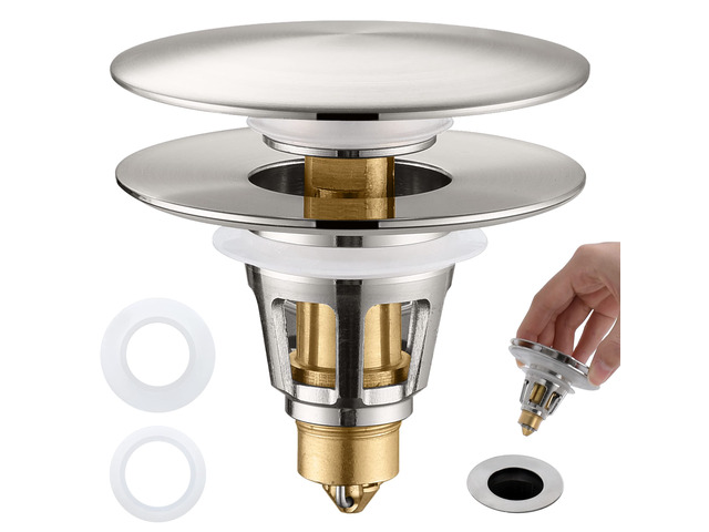 3-in-1 Universal Bathroom Sink Stopper - Brushed Nickel Pop Up Sink Drain Stopper, Brass Bounce Bullet Core Sink Stopper Replacement, Wash Basin...