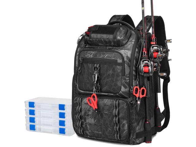 Fishing Tackle Backpack, 40L Tackle Bag with 2 Rod Holders & 4 Tackle Boxes, Water-Resistant Large Storage Fishing Gear and Equipment, Fisher Gifts...