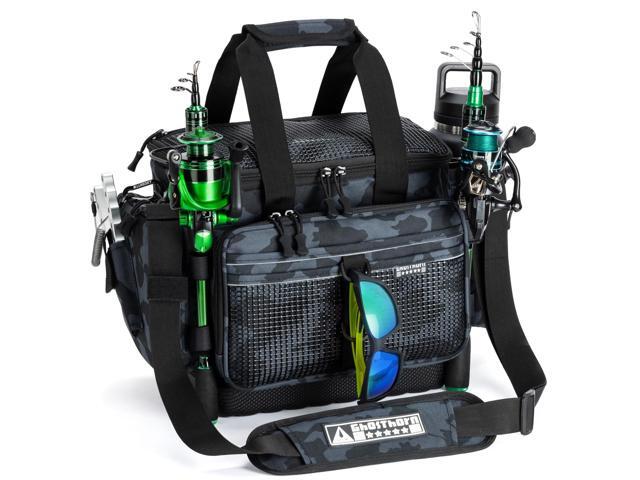 Fishing Tackle Bag with Rod Holder Saltwater & Freshwater Resistant Large Tackle Box Bag - Waterproof Base, Adjustable Padded Shoulder Strap (Black.