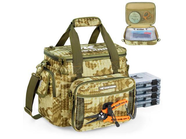 BaitSpace Fishing Tackle Bag With 4 Tackle Boxes & Removable Bait Binder, Water-Resistant Tackle Storage, Durable Fishing Gear, Adjustable Shoulder.