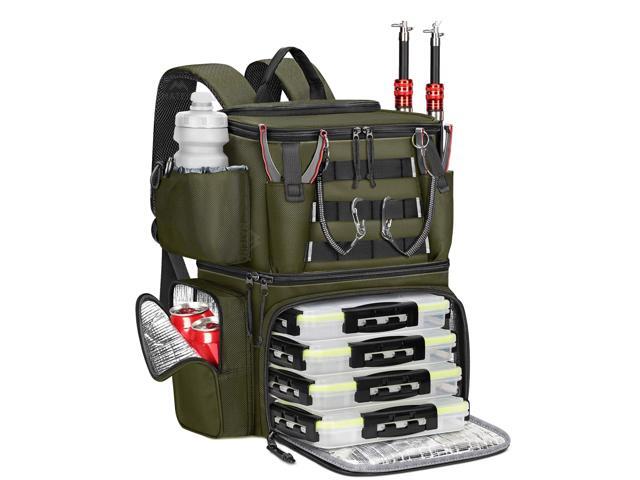 Fishing Backpack with 4 Tackle Boxes, Fishing Bag with Rod Holder 3600 Tackle Box 4 Pack, Water Resistant Tackle Backpack with Cooler.
