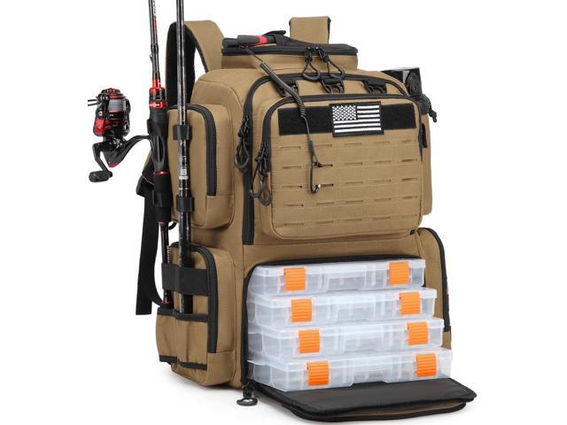 Tactical Fishing Backpack with Tackle Boxes, Rod Holders & Bottle Holder, 50 L Large Insulated Fishing Tackle Box Backpack with Cooler, Fishing Bag.