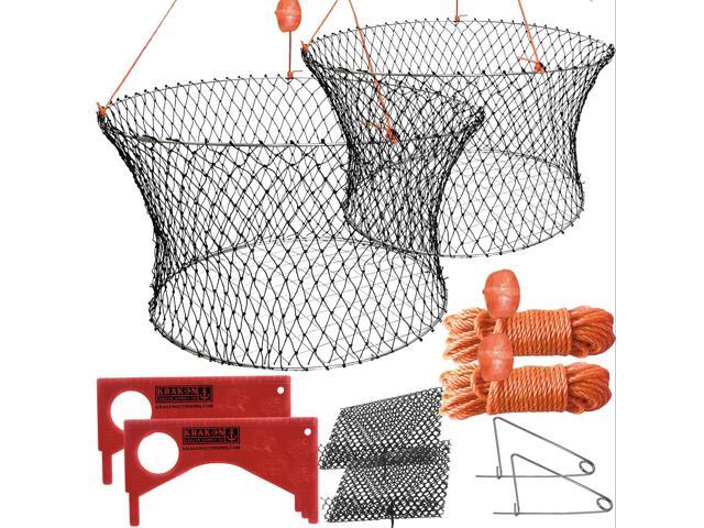 Crab Trap Hoop Net 2 Ring Trap for Pier Dock Jetty Dungeness Rock Blue Crabs with Float, Line Bait Clip and Bag 24' x 20' x 14'