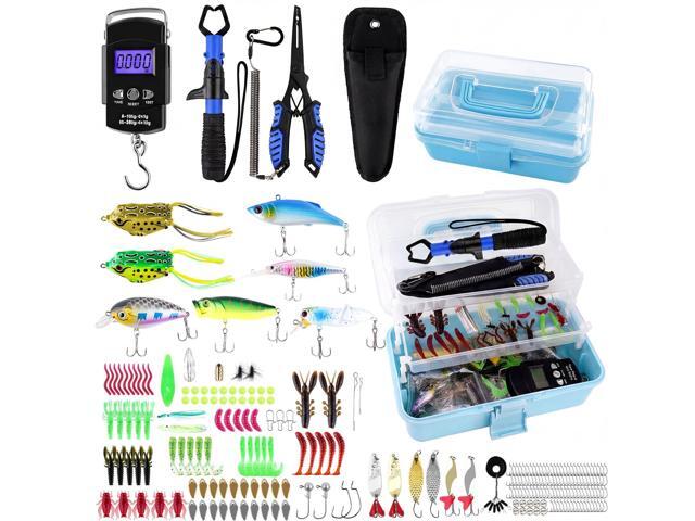 3-Layer Fishing Tackle Box with Tackle Included, Fishing Tools Kit Includes Pliers Fish Lip Gripper Scale Crankbait Spinnerbaits Soft Baits Hooks,.