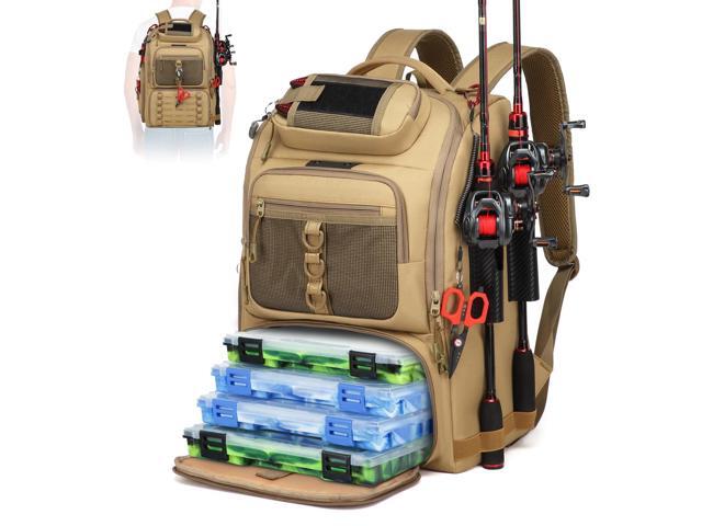 Fishing Tackle Backpack,Tackle Bag with 2 Rod Holders,Water-Resistant Large Storage Fishing Gear and Equipment (B-Khaki)