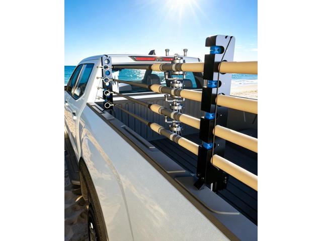 Fishing Pole Rack for Truck Bed Fishing Rod Holder Truck Fishing Pole Holder Holds up to 8 Rods or 4 Fly Rods Storage Organizer for Ford F150 Dodge...