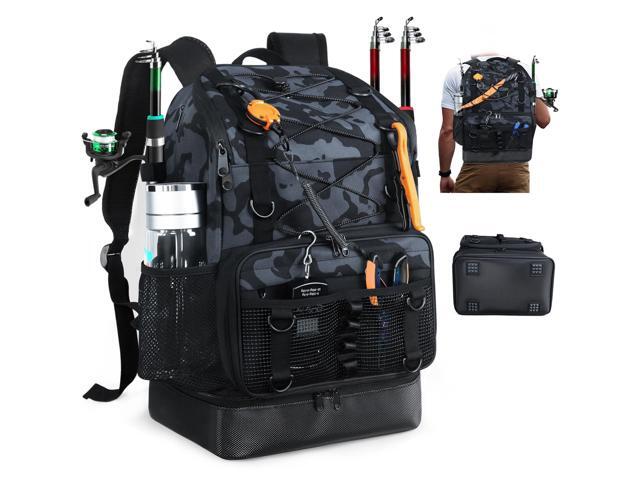 Fishing Backpack with Rod Holder, Heavy Duty Fishing Bag with Waterproof Bottom, Tackle Backpack Gifts for Man Woman-Black Camo