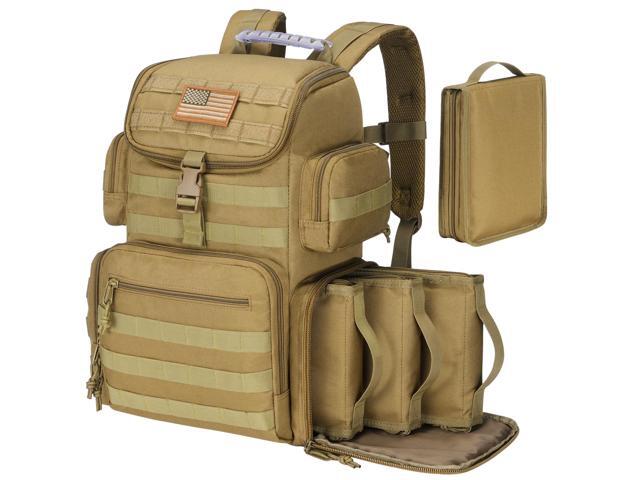 Tactical Range Backpack with Removable Divider, Gun Cases Bag with 4 Pistol Carrying Cases, Rucksack for Shooting (Tan, Medium)