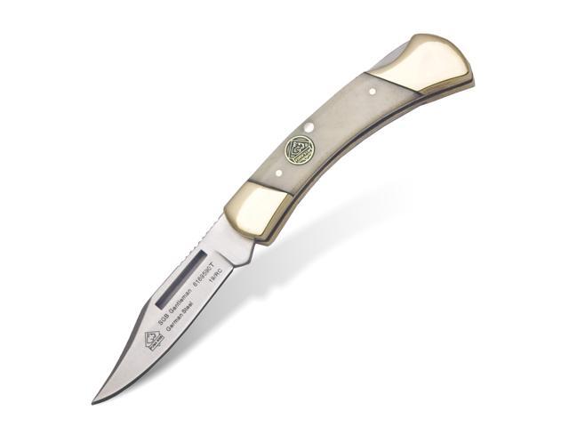 Gentleman - Pocket Knife with White Bone Handle 2.3 Clip Point Folding Blade Handmade from German 1.4116 Steel - Lockback Mechanism - Brass...