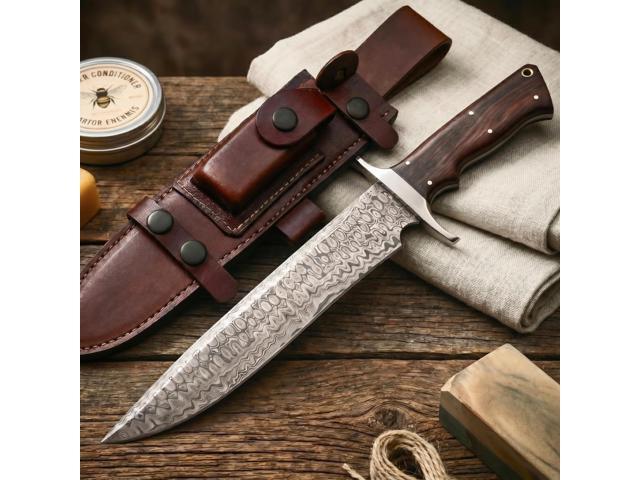Patriot - Handmade Damascus Steel Fixed Blade Hunting Knife 14' - Walnut Wood Handle & Leather Sheath - Bushcraft Outdoor Camp & Survival Long EDC...