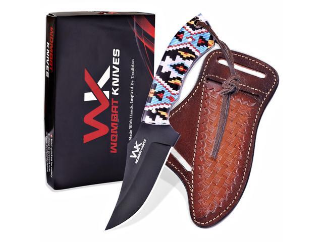 Handmade Cowboy Knife for Men & Women with Leather Sheath, Fixed Blade EDC Hunting Knife for Outdoor Skinning Full Tang blade (Bead Loom)