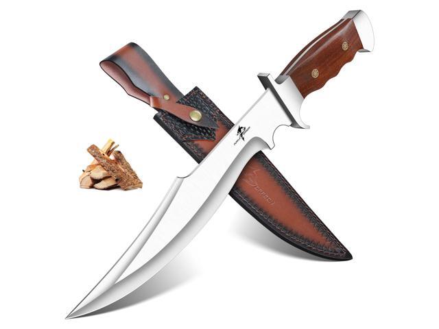 Fixed Blade Knife with Sheath, 10.63' Survival Bowie Knife with Wood Handle, Heavy Duty D2 Steel Hunting Knives for Camping, Gift for Men Outdoors