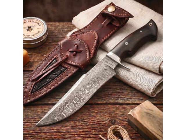 Leopard Hunter - Handmade Damascus Steel Fixed Blade Hunting Knife 12' - Walnut Wood Handle & Leather Sheath - Hunting Outdoor Survival Bushcraft...