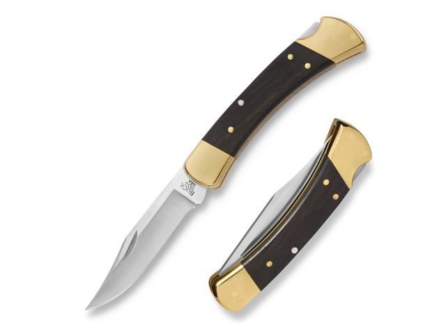 110 Folding Hunter Knife, 3-3/4' Blade, Lockback Design, Ebony Handle, Brass Bolsters, 420HC Stainless Steel Clip Point Blade, Sheath Included,.