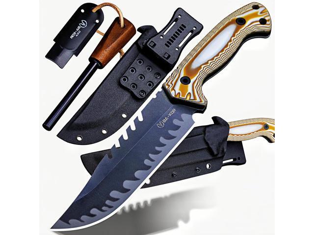 12.4in Full Tang Fixed Blade Hunting Knife 6mm 9CR18MoV Steel, G10 Handle, Stonewashed Sawback Blade with Kydex Sheath & Fire Starter for Outdoor,.