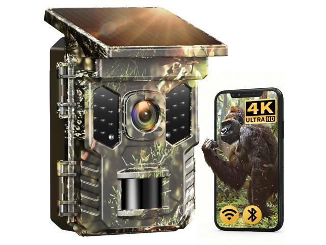 4K 64MP Solar Trail Camera with WiFi & Bluetooth - 0.2s Fast Trigger, No Subscription, Night Vision Motion-Activated, Rechargeable Game Camera for...
