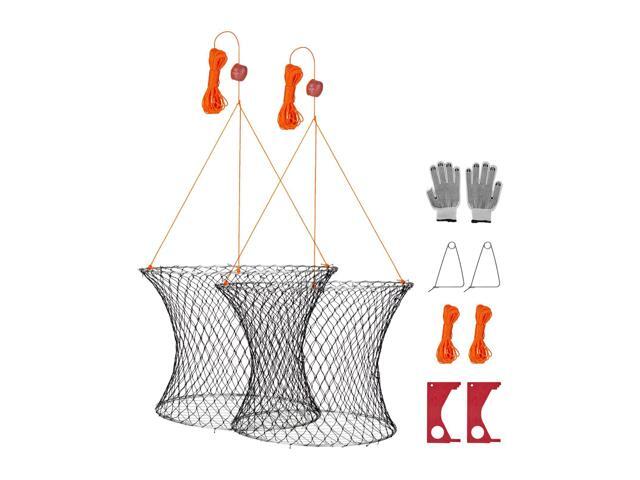 Double Ring Crab Trap, 24 inch Top, 20 inch Bottom, Two Rings Crab Kit, Foldable Fishing Net with Gauge, 60 ft Rope, Wire Grid Bottom, Rock and...
