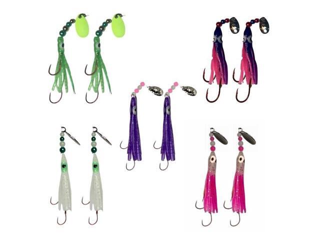 Squid Fishing Hoochies 10 Pack -Glow Fresh Water Kokanee Salmon Trolling Lures with Pre-Rigged Octopus Hooks - Spinner Blades, Synthetic Skirts.