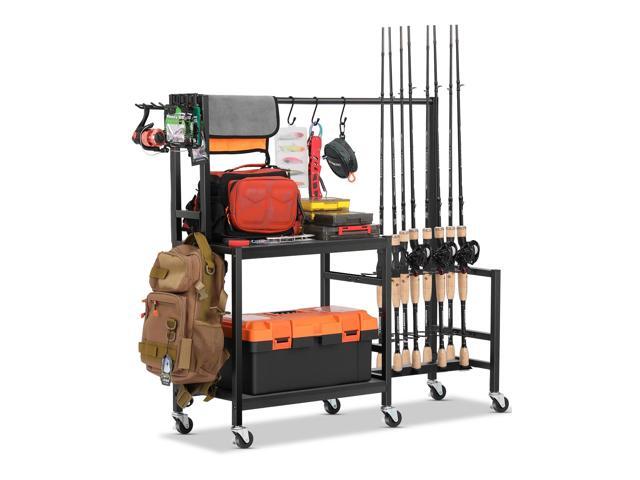 Fishing Rod Holders for Garage, Fishing Pole Rack Holds Up to 16 Rods with Hooks, Heavy Duty Rolling Fishing Cart with Wheels, Fishing Equipment.