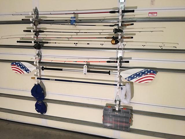 Storage Rack for Garage Doors with Hooks for Fishing Rods, Kayak Paddles and More