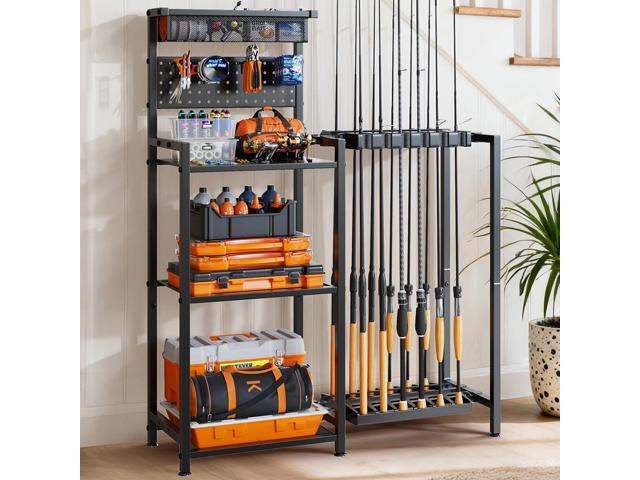 Fishing Rod Holders for Garage, Fishing Pole Holder with 3 Tier shelf, Heavy Duty Fishing Pole Rack with Pegboard & Basket, Fishing Rod Rack Hold.