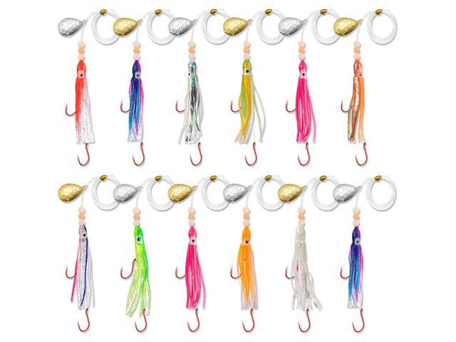 12/6 Pcs Squid Fishing Hoochies Glow Fresh Water Kokanee Salmon Trolling Lures with Pre-Rigged Octopus Hooks, Spinner Blades, Synthetic Skirts...