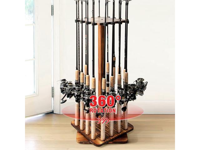 Fishing Rod Holders for Garage, Fishing Gear and Equipment Tackle Storage Cart Pole Rod Rack, Hold up to 16 Rods, 360 Degree Rotating, Wood