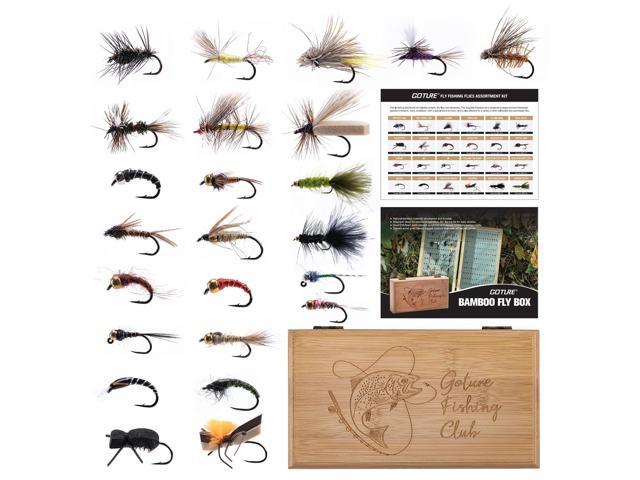 Fly Fishing Flies Kit, 54pcs Dry Wet Flies Streamers Nymphs with Wooden Fly Box, Bass Trout Steelhead Salmon Lures Set Assortment Kit, Gifts for Men
