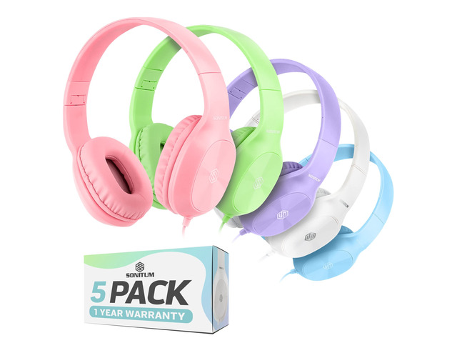 Kids Headphones for School Bulk Set 5-Pack On-Ear, 3.5mm, Wired Headphones for Schools & Libraries Adjustable, Cushioned Wired Kids, (Mixed Colors)