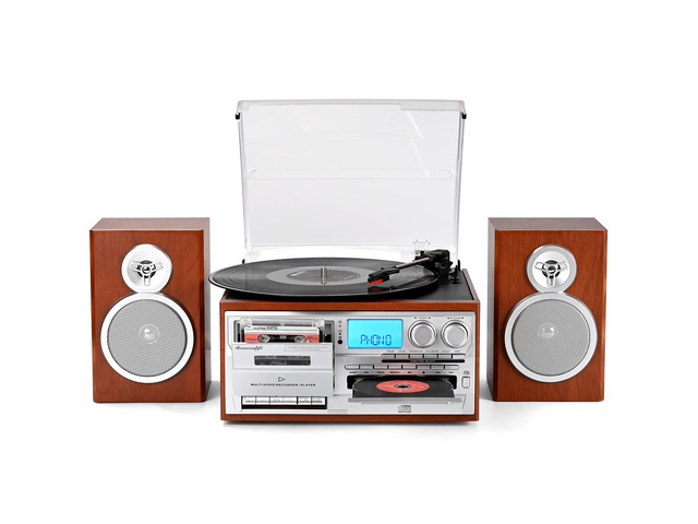 Record Player with Two Full-Range External Speakers 10 in 1 Vintage Turntable CD Cassette Tape Player AM FM Radio 3 Speed BT Input & Output LP...