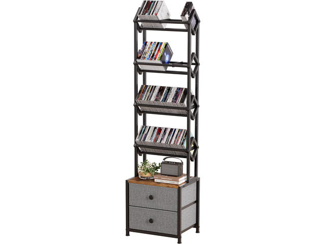 CD Storage Rack, DVD Storage Shelf Tower, Tilted Style 5-Tier Compact Media Shelf with Fabric Drawers, Fits DVDs, Video Games, Books, For Living...