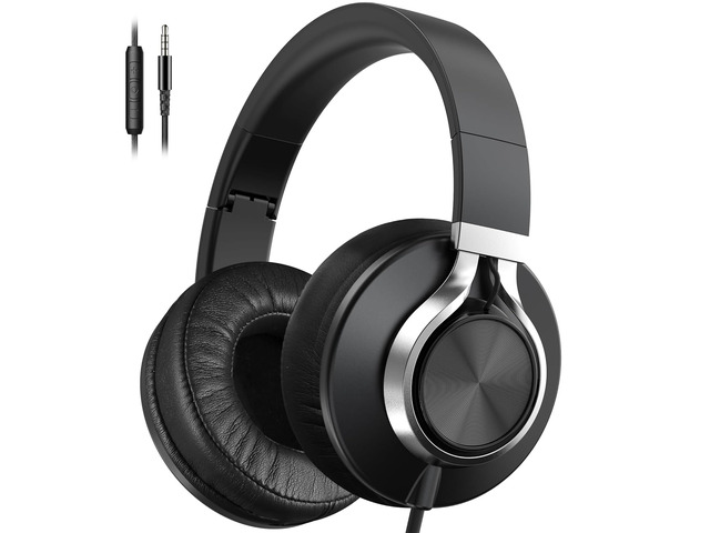 C90 Wired Headphones with Mic Volume Control Noise Isolating Black Over Ear Headphones Wired for Teens and Adults, Super Soft, Foldable, Portable...