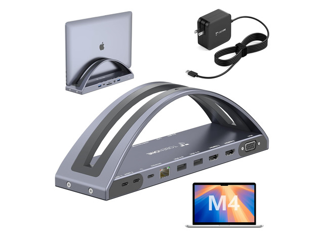 MacBook Pro/Air Docking Station Stand, Dual 4K HDMI, 100W Charger Vertical Cooling Stand for M1-M5 Pro/Max, 2 HDMI, VGA, 5 USB, RJ45, Audio, Tidy...