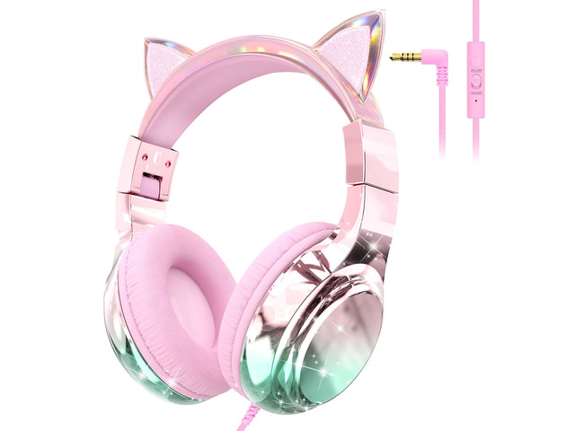 Kids Cat Ear Headphones with Cord with Mic, 85/94dB Volume Limit sparkly foldable headset, sharing port, tangle-free cord, Kids Wired Headphones...