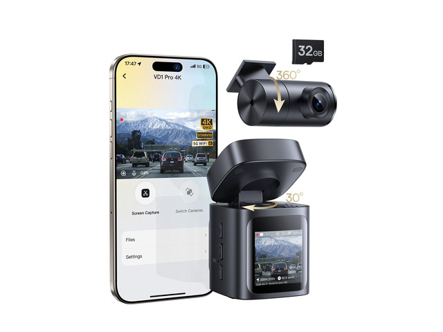 VD1 Pro Solar Dash Cam Front and Rear, 4K+1080P Dash Camera for Cars, Battery Powered Parking Mode, Starvis Night Vision, 32 GB Card Included, 5GHz...